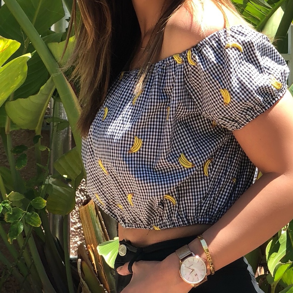 Gingham Banana Off-Shoulder Crop
